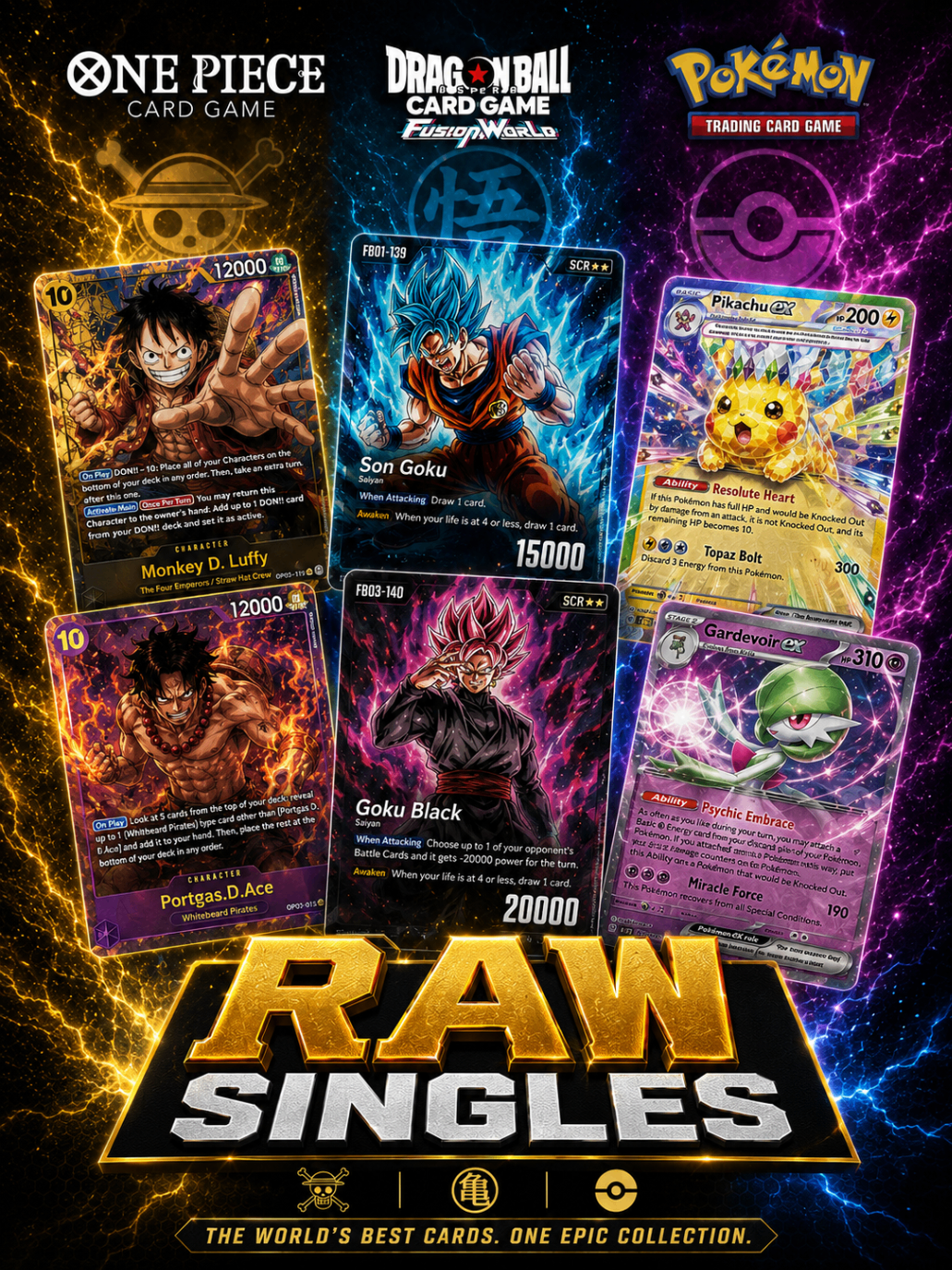 Raw One Piece, Dragon Ball, and Pokémon trading cards