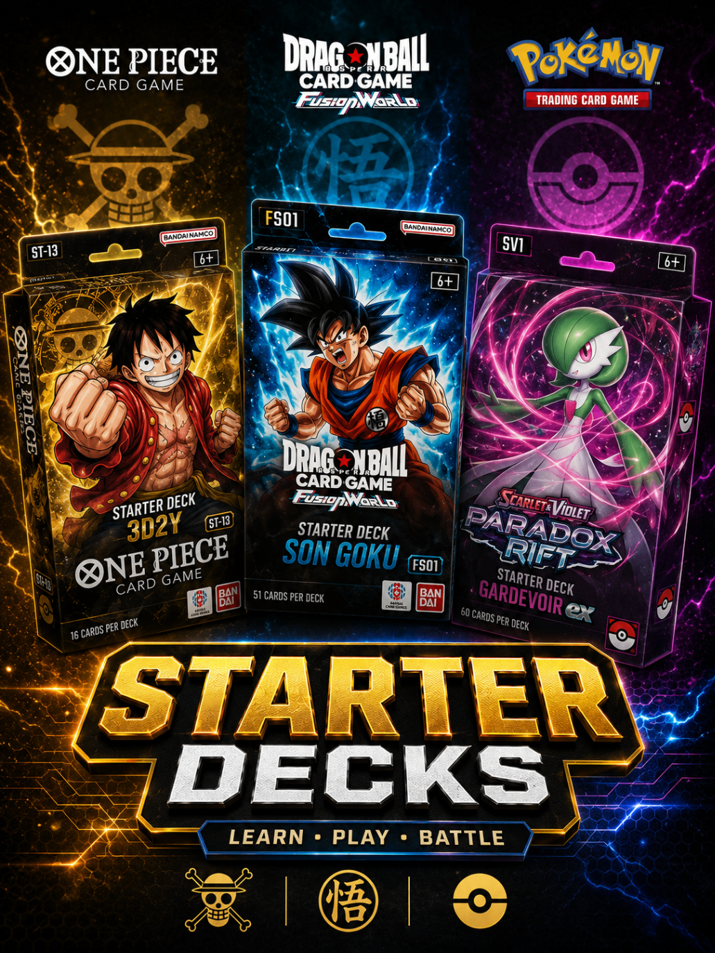 One Piece, Dragon Ball, and Pokémon starter decks
