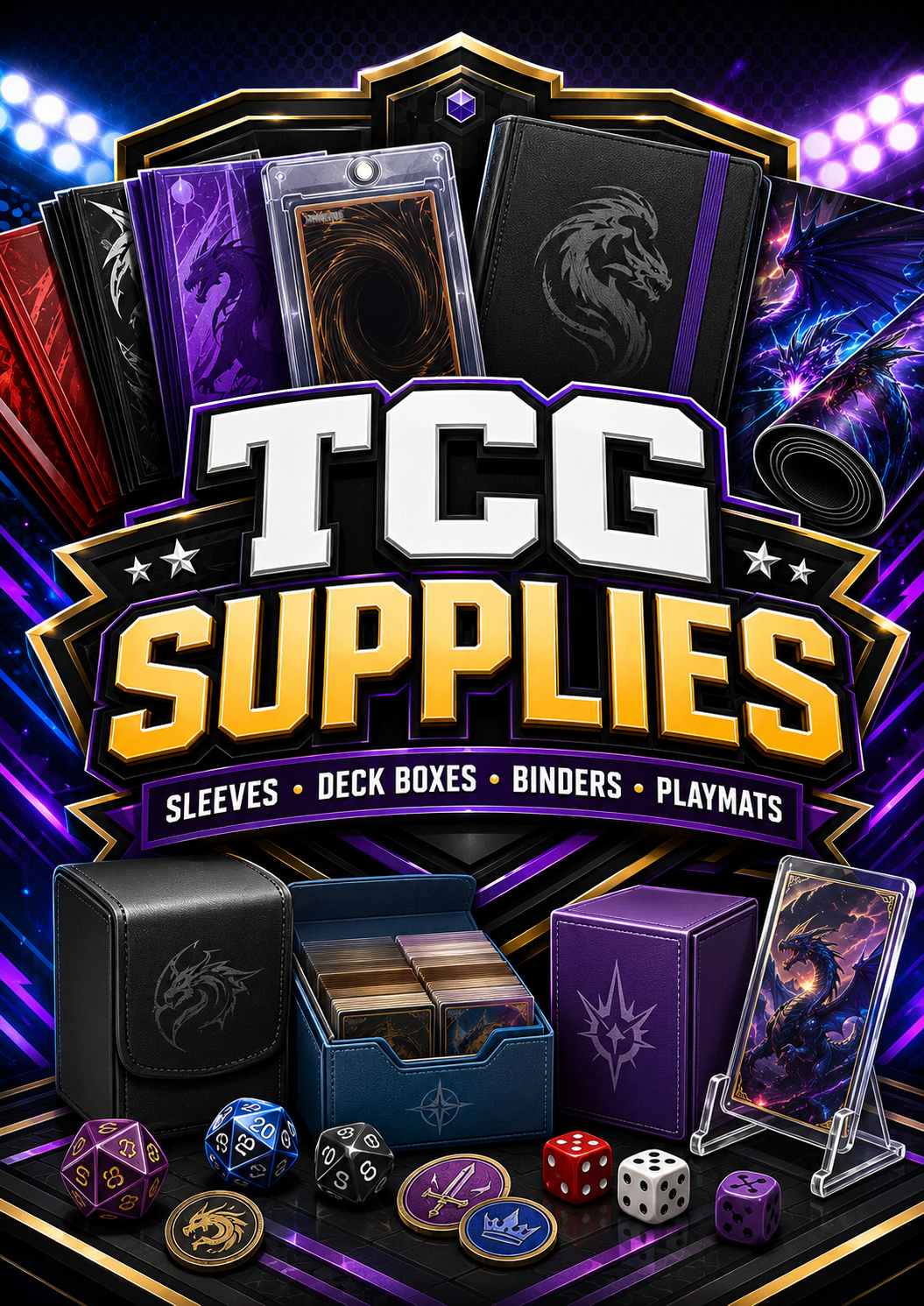 Trading card sleeves, binders, deck boxes, playmats, and accessories